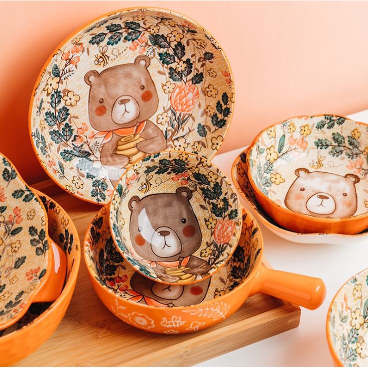 Tô chén khay sứ cao cấp hình gấu dễ thương cho bé