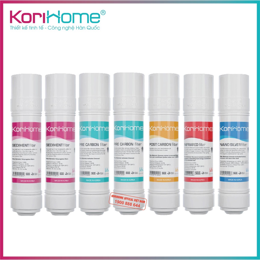 Combo 7 lõi lọc nước Korihome Hàn Quốc gồm 2SED, 2PRE, POST, INFRARED, NANO dạng U 10&quot; - Hàng chính hãng