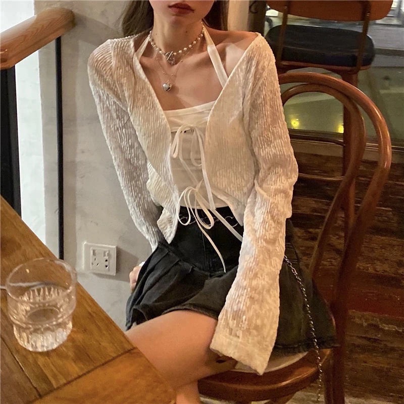 COZOK Áo Khoác Cardigan Tay Dài Màu Trơn Cột Dây Thời Trang Cho Nữ