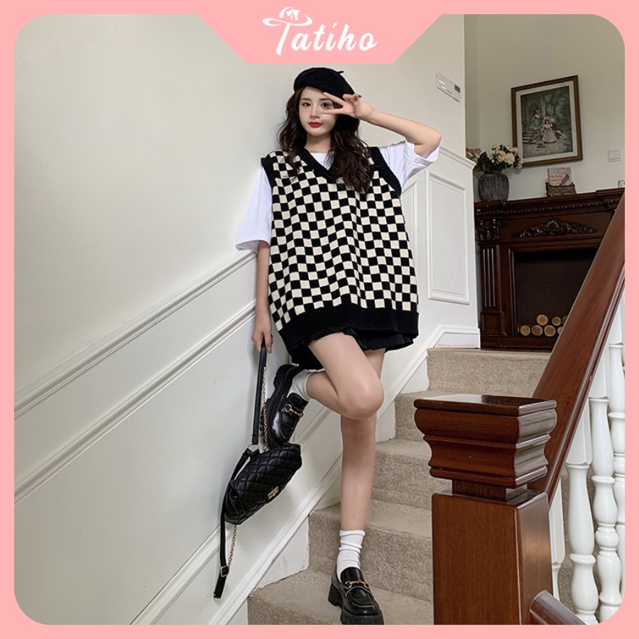 Áo Gile Len Trơn ( Áo Không Tay) Thời Trang Vintage Họa Tiết Caro Hottrend Thời Trang Thu Đông - Tatiho - Mã AK015