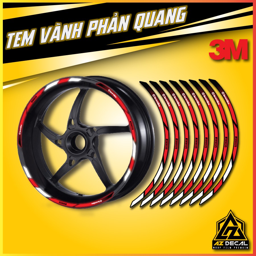 [Full 2 Vành Xe] 3M Chính Hãng Phản Quang BREMBO Đỏ Trắng  | Dán Xe Máy, Xe Điện, Xe Thể Thao