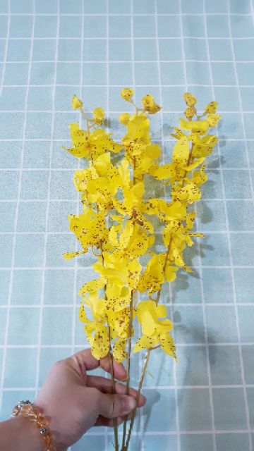 Hoa địa lan hoa lan vũ nữ giả hoa vàng lụa loại đẹp cành 3 nhánh