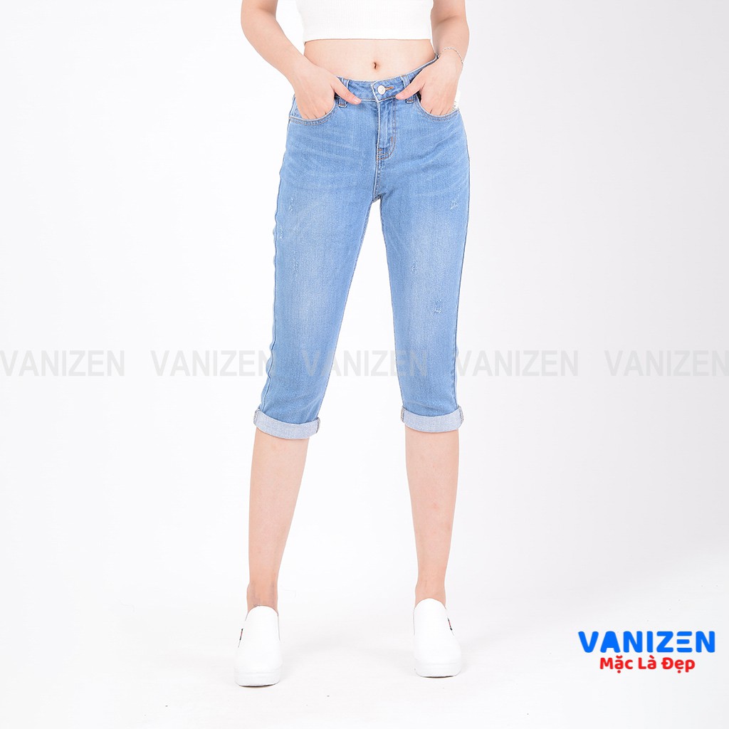 Quần ngố jean nữ đẹp lưng cao cạp cao xước nhẹ hàng hiệu cao cấp mã 335 VANIZEN