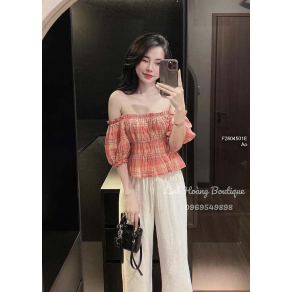 Áo caro kiểu trễ vai chun nhún eo 2604