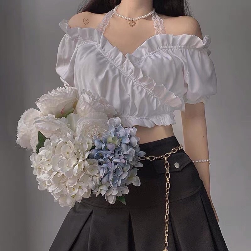 Hàng mới áo croptop trễ vai ngắn tay cổ yếm