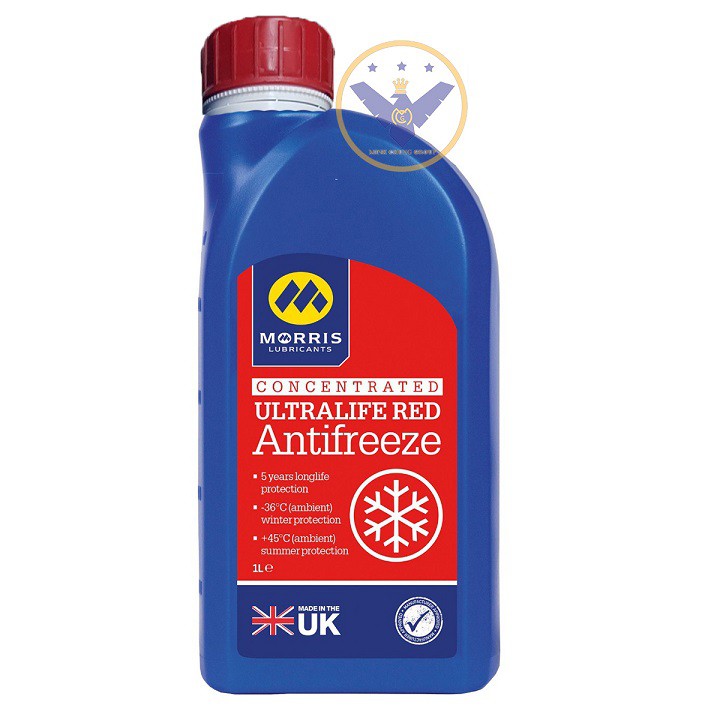 Nước làm mát động cơ xe ô tô màu đỏ Morris Ultralife Red Antifrezee lon 1L pha 50/50