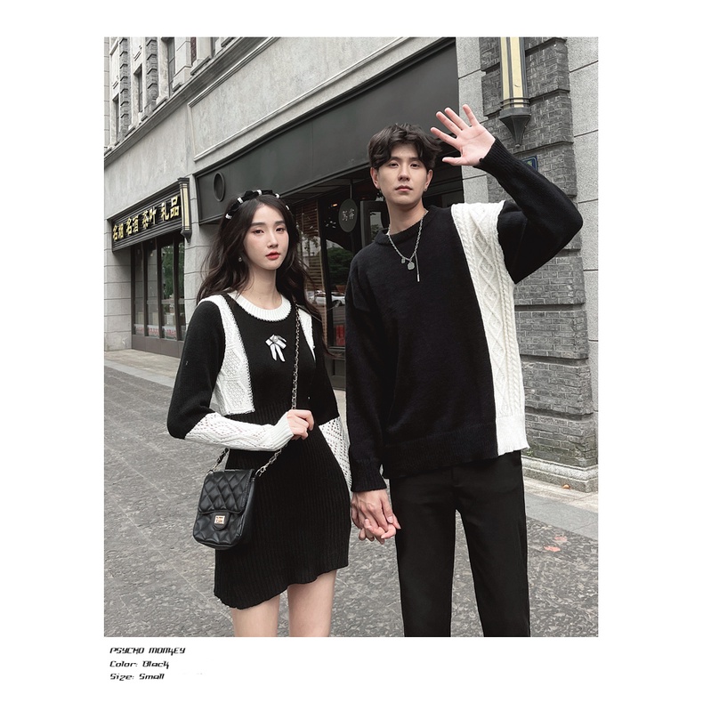 New oder. Set đồ đôi tình nhân, áo len nam và váy đầm len body phối màu đen trắng kiểu cách.