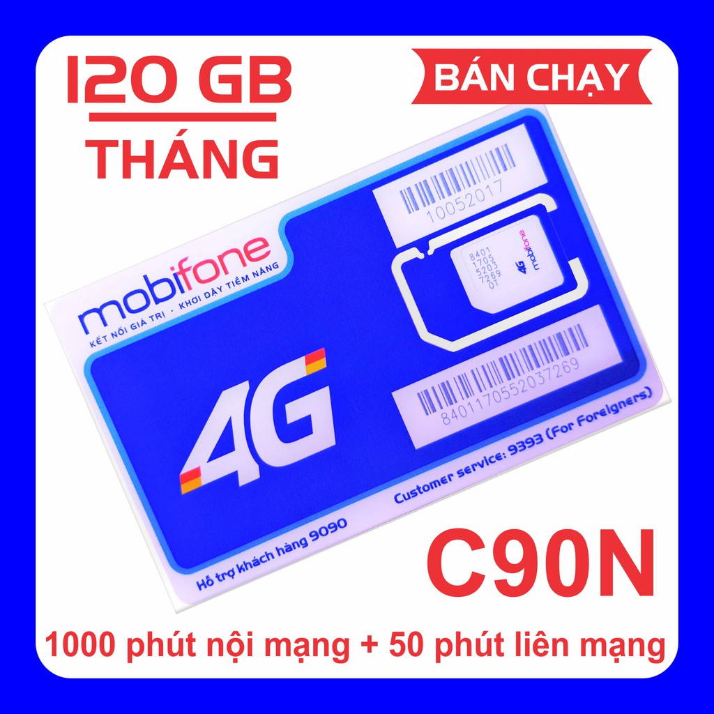 Sim 4G Mobifone C90N 120GB/tháng(4GB/ngày) chỉ với 90k/tháng 1000p nội mạng +50p ngoại mạng maxstore