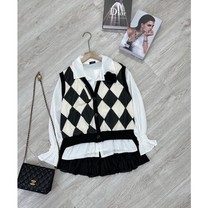 Set Áo Sơ Mi Phối Gile Quả Trám Chân Váy Xoè Cực Tiểu Thư Vintage