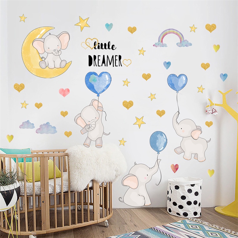 Sticker Dán Tường Họa Tiết Chú Voi Và Bong Bóng Dễ Thương Trang Trí Phòng Ngủ Trẻ Em
