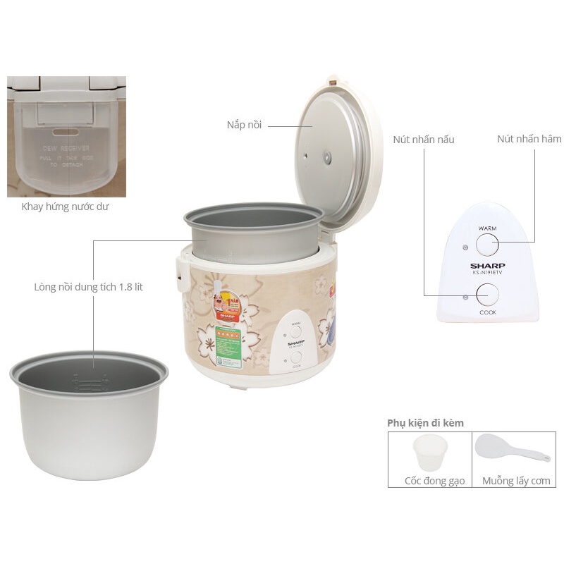 Nồi cơm điện Sharp 1.8 lít KS-N191ETV Chính hãng Tr bày Mới 98-99% -SX THAILAN-  4 – 6 người ăn.Lòng nồi chống dính