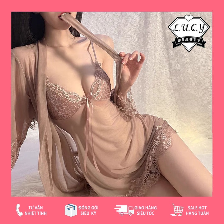 V02- Set váy ngủ kèm áo choàng ren sexy mặc mùa hè thu đông Đầm mặc nhà gợi cảm quyến rũ