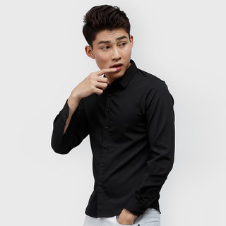 Áo sơ mi nam dài tay vải lụa trơn màu đen