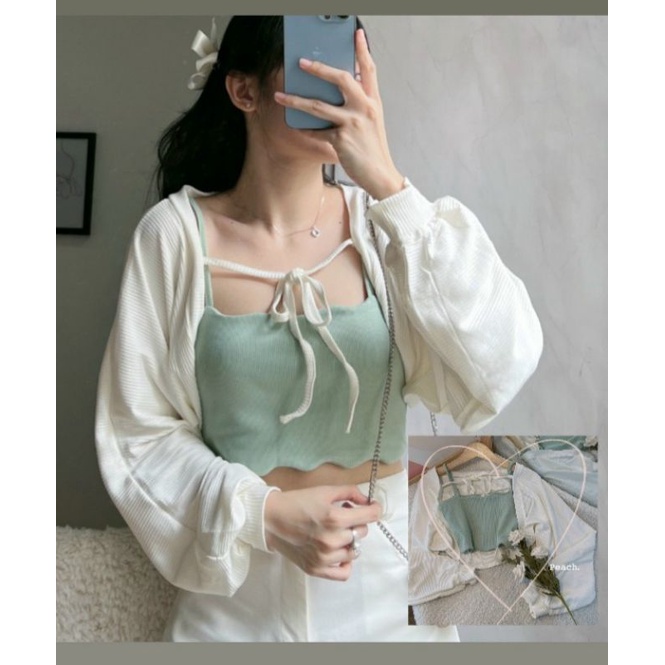 NHẬN QUÀ🎁 Set áo 2 dây xanh mint HOT TREND kèm khoác cadigan croptop