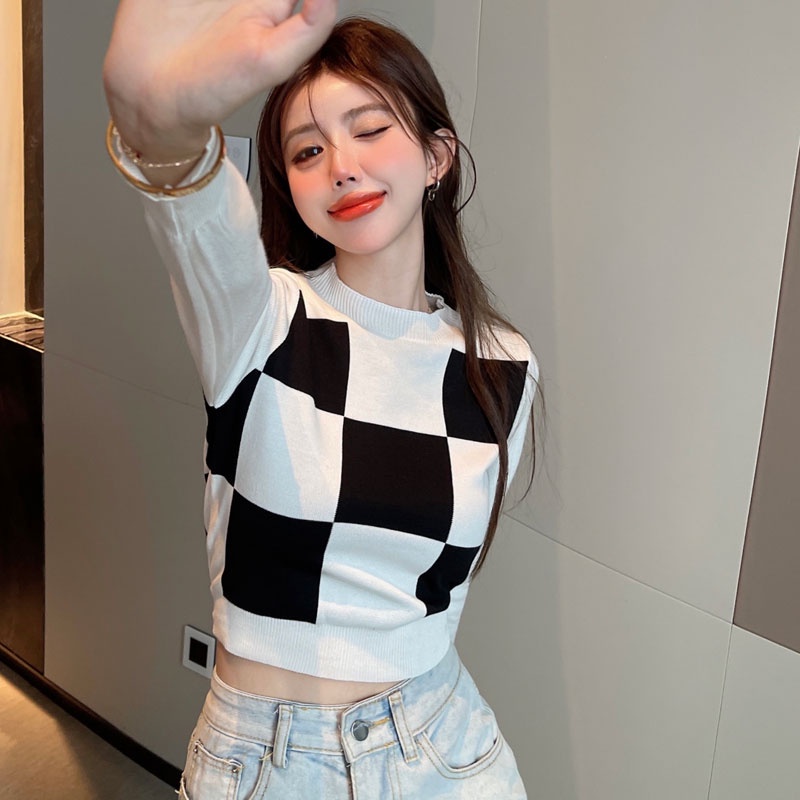 QADCOL Áo len tay dài họa tiết caro thời trang cho nữ