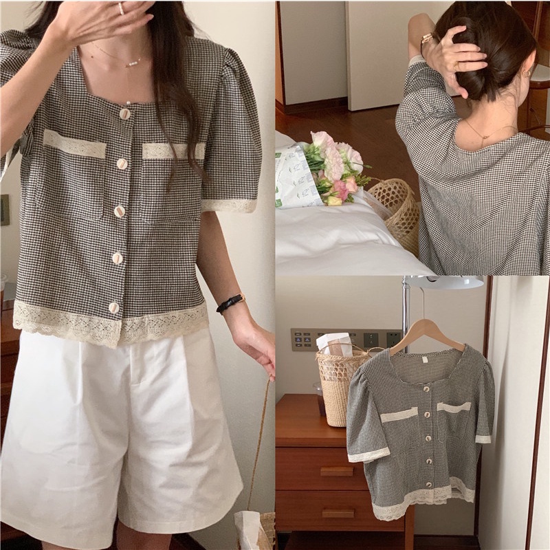 Áo Sơ Mi Kẻ Ô Mềm Mại Ngắn Tay Phối Ren Thanh Lịch 53698