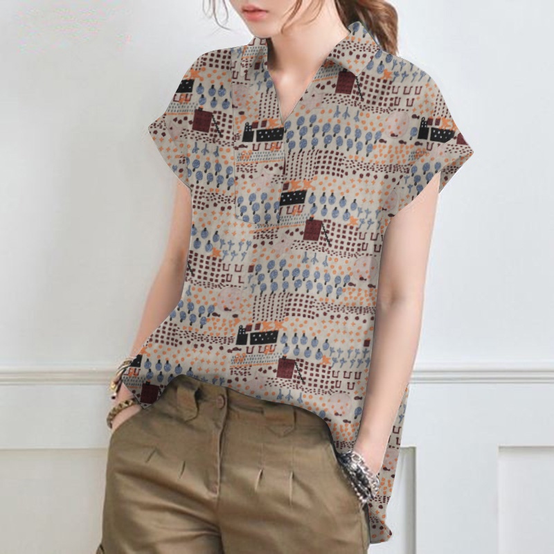 Áo sơ mi ZANZEA tay ngắn in họa tiết vintage thời trang dành cho nữ