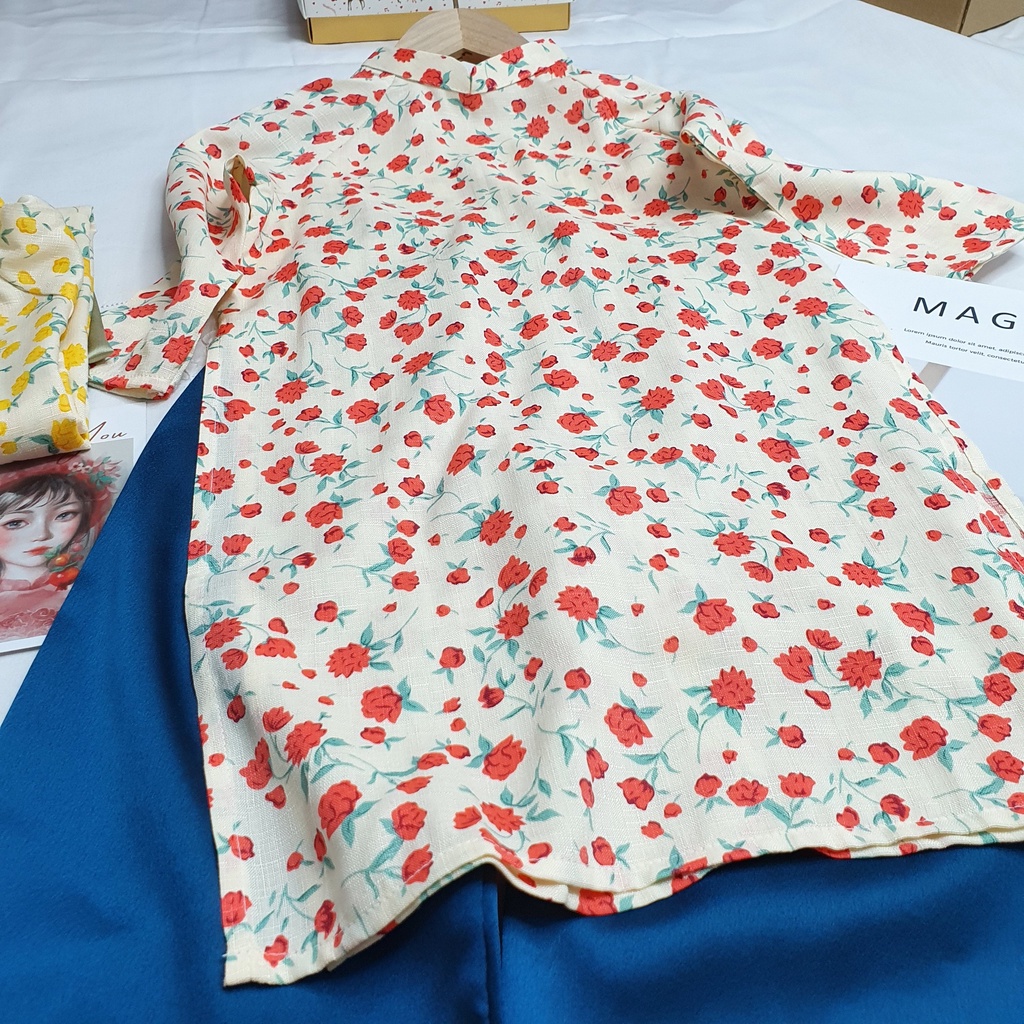 Áo Dài Hoa Nhí Cho Mẹ Và Bé Hạ Vy 3 Màu Đỏ - Hồng - Vàng