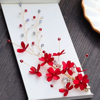 Cài tóc cô dâu hoa đỏ đính hạt