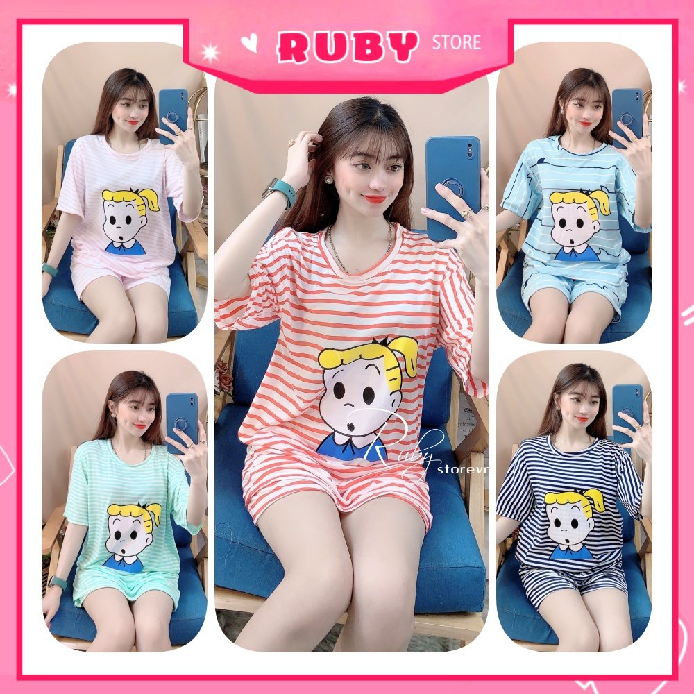 Đồ bộ nữ mặc nhà phom to chất thun mềm mát phối sọc in hoạt hình dễ thương TP84