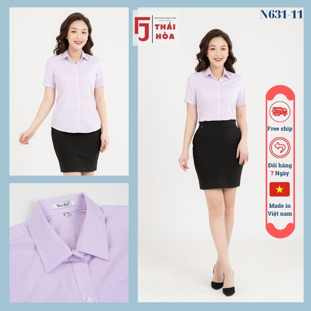Áo sơ mi nữ công sở tay ngắn kẻ tăm đẹp màu tìm caro chìm cotton Thái Hoà N631-11-01