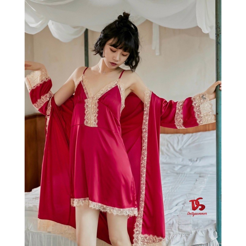 Set Đầm &amp; Choàng Phi Lụa Phối Ren Mi Gợi Cảm