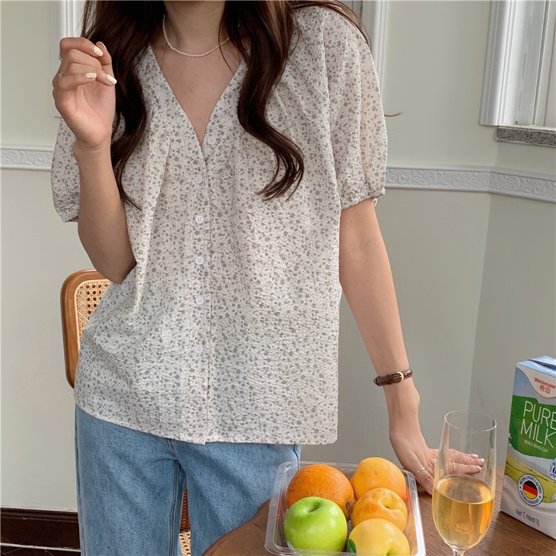 Áo Sơ Mi Tay Rộng In Hoa Phong Cách Hàn Quốc Thiết Kế Mới 44809