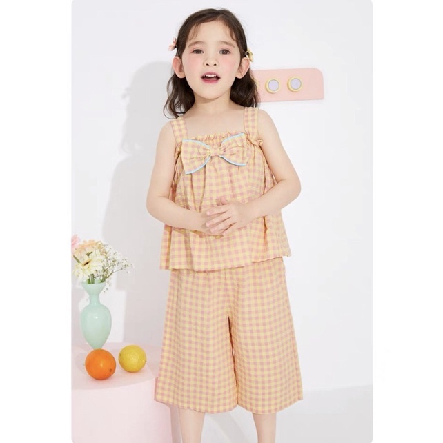 B190 - Bộ culottes kẻ vàng smock nơ