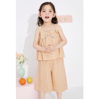 B190 - Bộ culottes kẻ vàng smock nơ