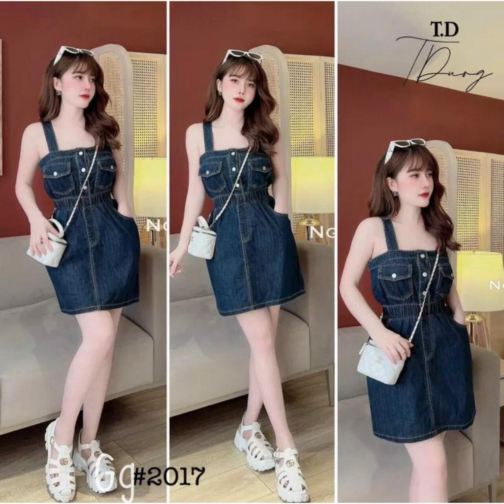 đầm jean 2 dây 2 túi trước hot