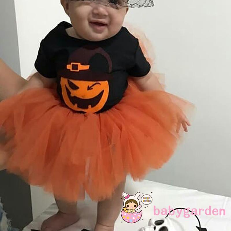Đầm Tutu Phối Lưới Tay Ngắn In Họa Tiết Bí Ngô Phong Cách Halloween Cho Bé Gái 0-24 Tháng Tuổi