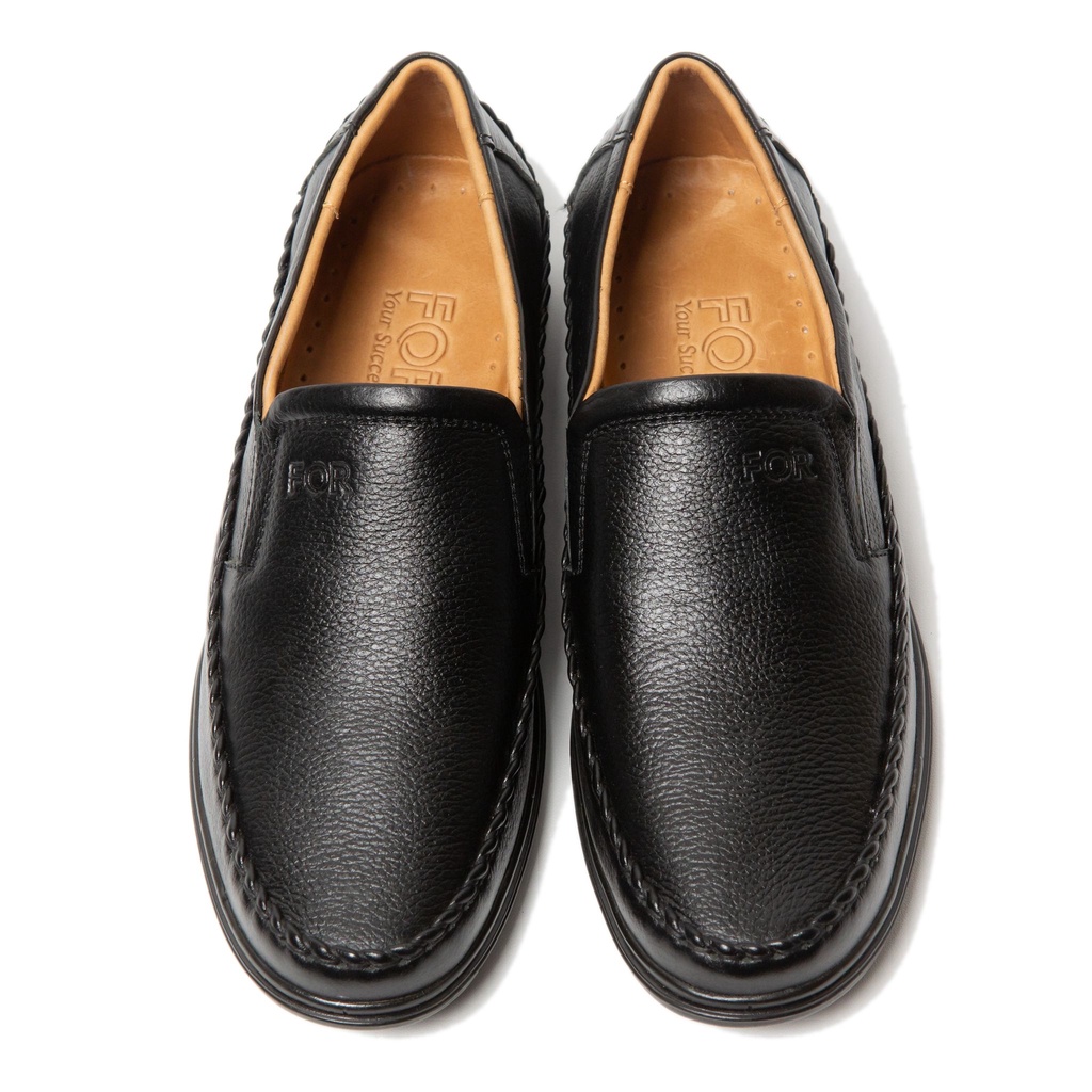 Giày Slip On màu đen FOR da bò hạt khoẻ khoắn năng động F03