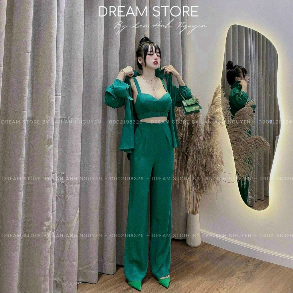 [9.9 Sales Freeship] Set bộ đũi 3 món đi biển, set áo sơ mi trơn tay dài nhiều màu sắc kèm áo bra + quần ống rộng dx
