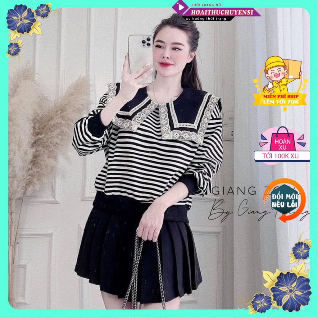 Set áo cổ ren kẻ ngang mix chân váy xếp li ngắn 2 lớp