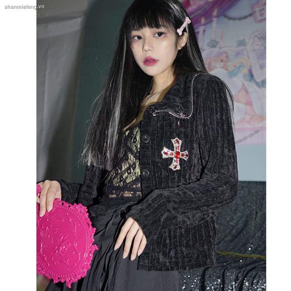 Áo khoác cardigan dệt kim màu đen đính đá phong cách punk 2021 cho nữ y2k