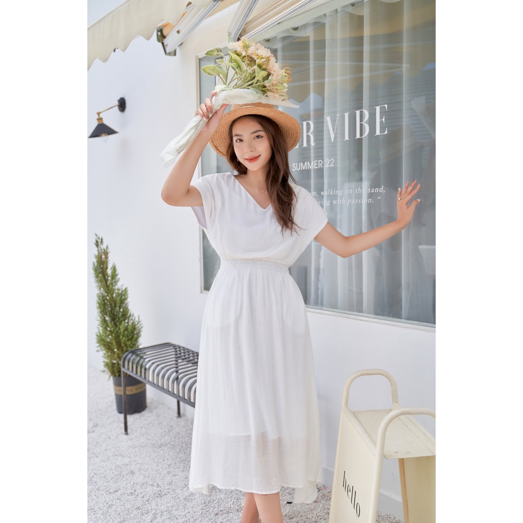 Váy nữ đi biển màu trắng, hồng dáng dài maxi cổ V chun eo Alina Dress - M152