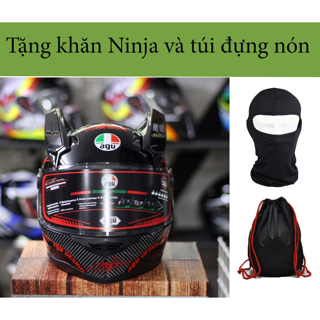 [ XẢ KHO]  CAM KẾT HÀNG CHẤT LƯỢNG Nón Fullface AGU tem đỏ 46, tai rùa, có tặng khăn ninja và túi đưng nón