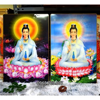 Tranh Quan Âm Bồ Tát 40x60cm bằng gỗ tráng gương mica viền vàng đồng cao cấp bền đẹp