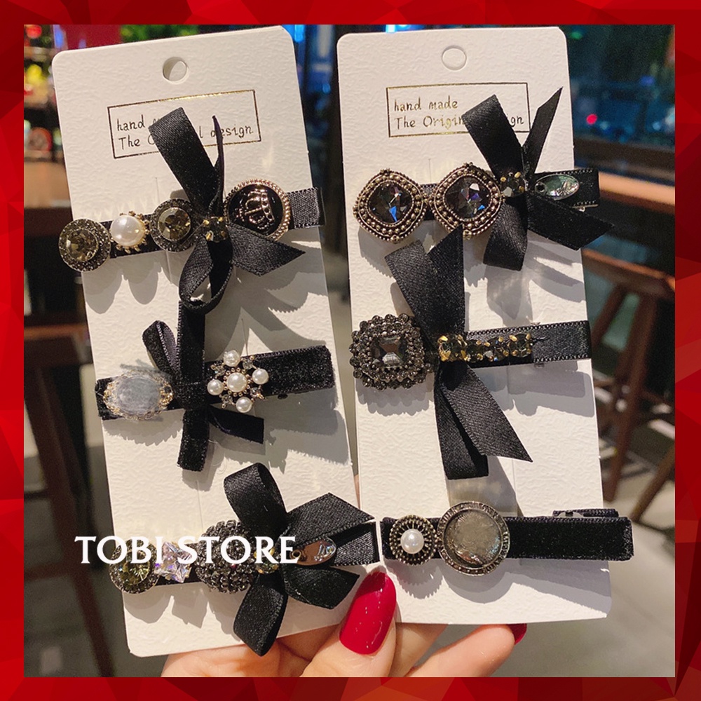 Kẹp tóc mái Hàn Quốc nơ đen đính đá nhiều kiểu dáng cực sang chảnh TB520
