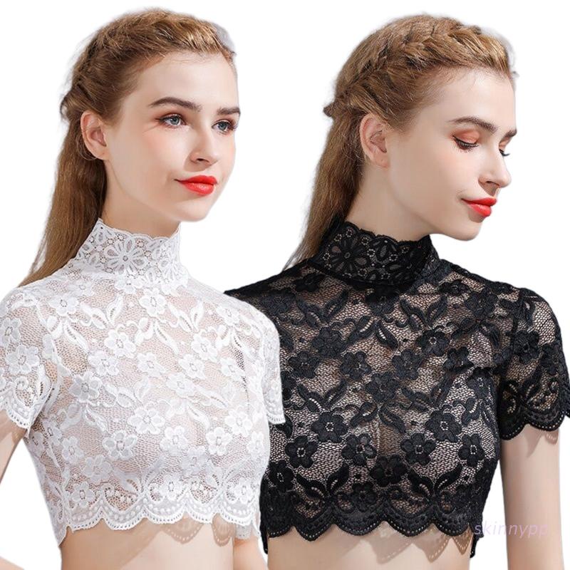 Áo Croptop Tay Ngắn Cổ Lọ Phối Ren Hoa Thanh Lịch Có Thể Tháo Rời Cho Nữ