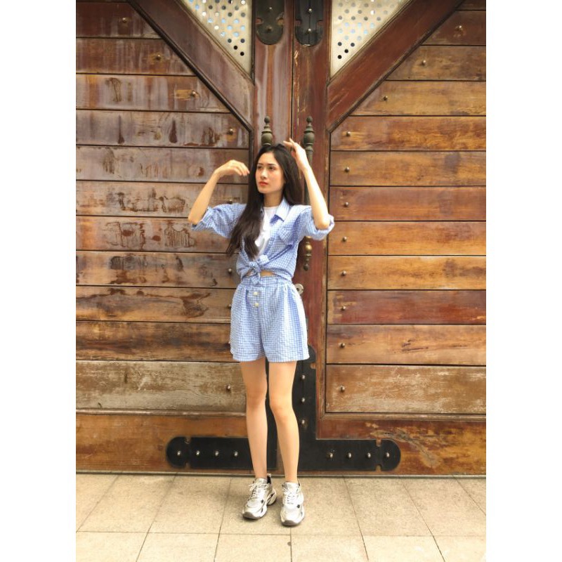 Bộ sọc caro ngắn đi biển, set short năng động, bộ sọc ngắn xinh xắn hack dáng, set sọc caro giá rẻ