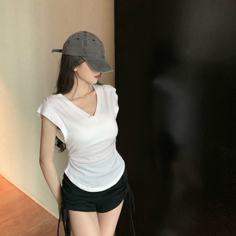 Cocory vn Áo Thun Nữ Ngắn Tay Cổ Chữ V Thời Trang