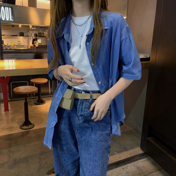 Áo Sơ Mi Denim Tay Ngắn Phong Cách Retro 42947 Cho Nữ