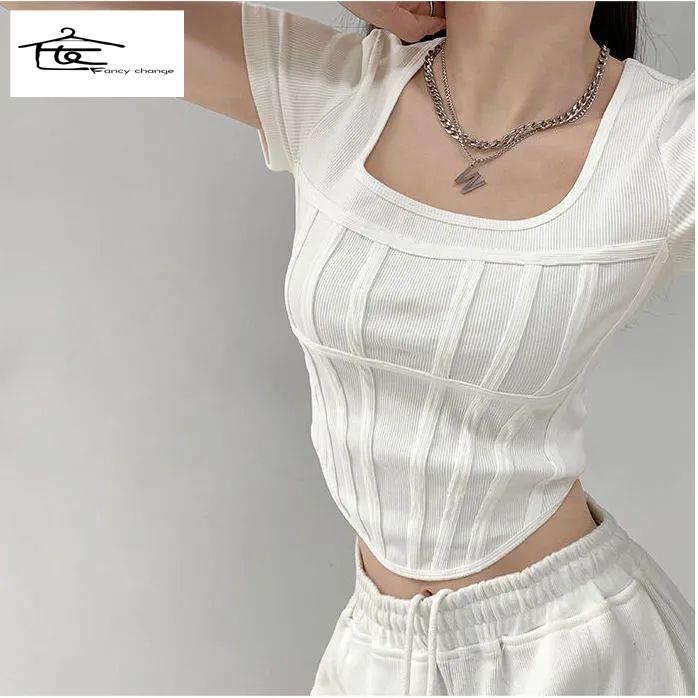 Áo Thun Ngắn Tay Dáng Ôm Thiết Kế Hình Xương Cá Phong Cách Mỹ Quyến Rũ