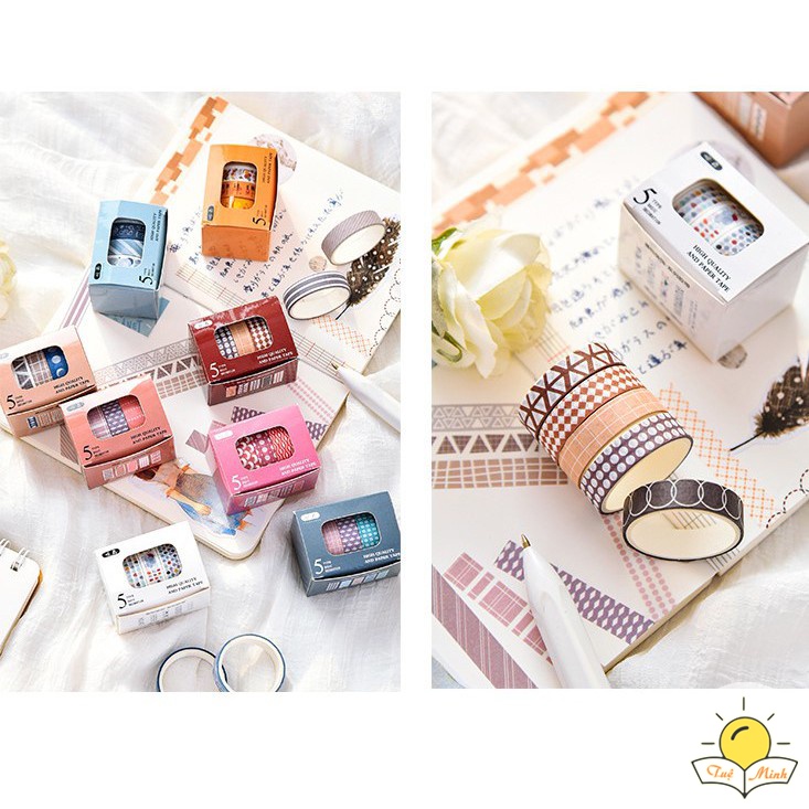 Bộ 5 washi tape băng dính 2m họa tiết basic WA01 dán trang trí đa năng Tuệ Minh