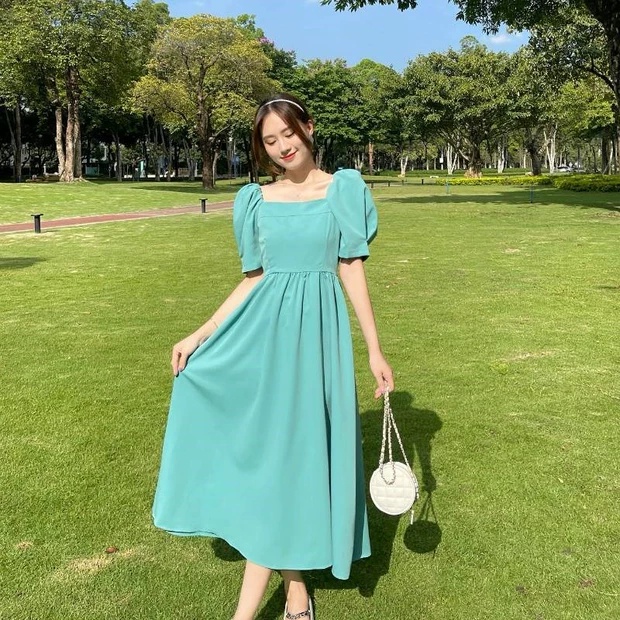 Váy nữ cổ vuông thiết kế tay phồng dáng dài, Đầm thời trang công sở cao cấp dự tiệc sang trọng V109 | BigBuy360 - bigbuy360.vn