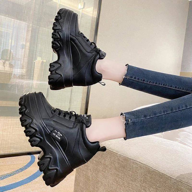 Giày Thể Thao Đế Dày Tăng Chiều Cao Màu Đen Dễ Phối Đồ Thời Trang Xuân Thu Cho Nữ