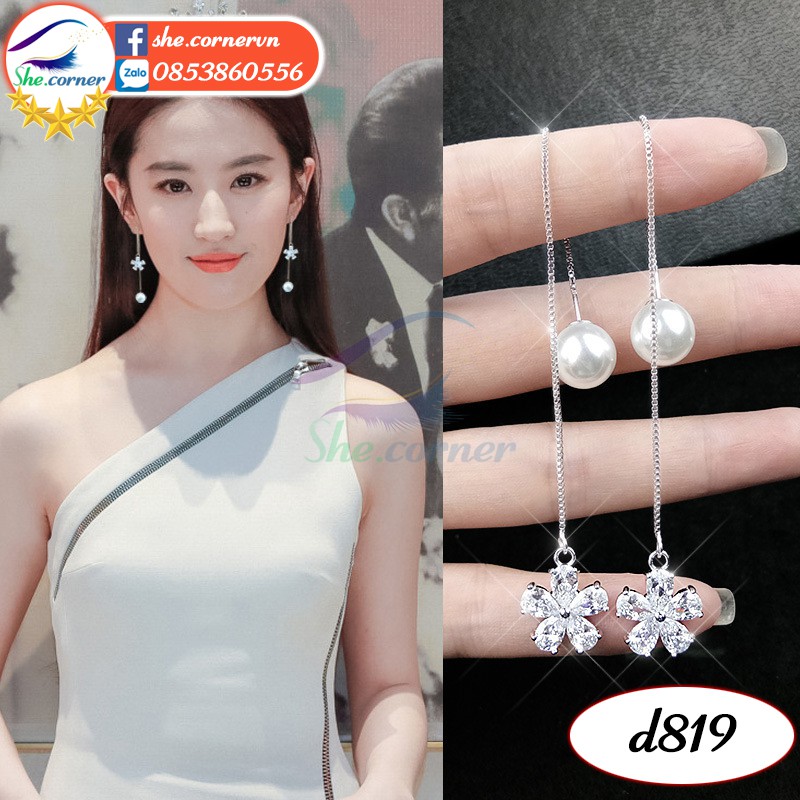 Hoa tai bông tai ngôi sao, trái tim tua dua dài đính đá D002 màu ánh kim S925 thời trang phong cách Hàn Quốc