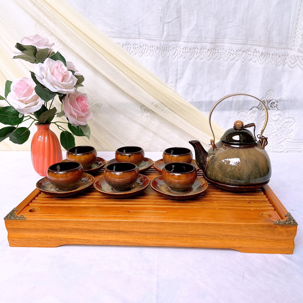 Bộ ấm chén uống trà  Gốm Sứ Bát Tràng  bộ ấm trà,Chuông Gấm cao cấp decor GOMPHUQUY THH01