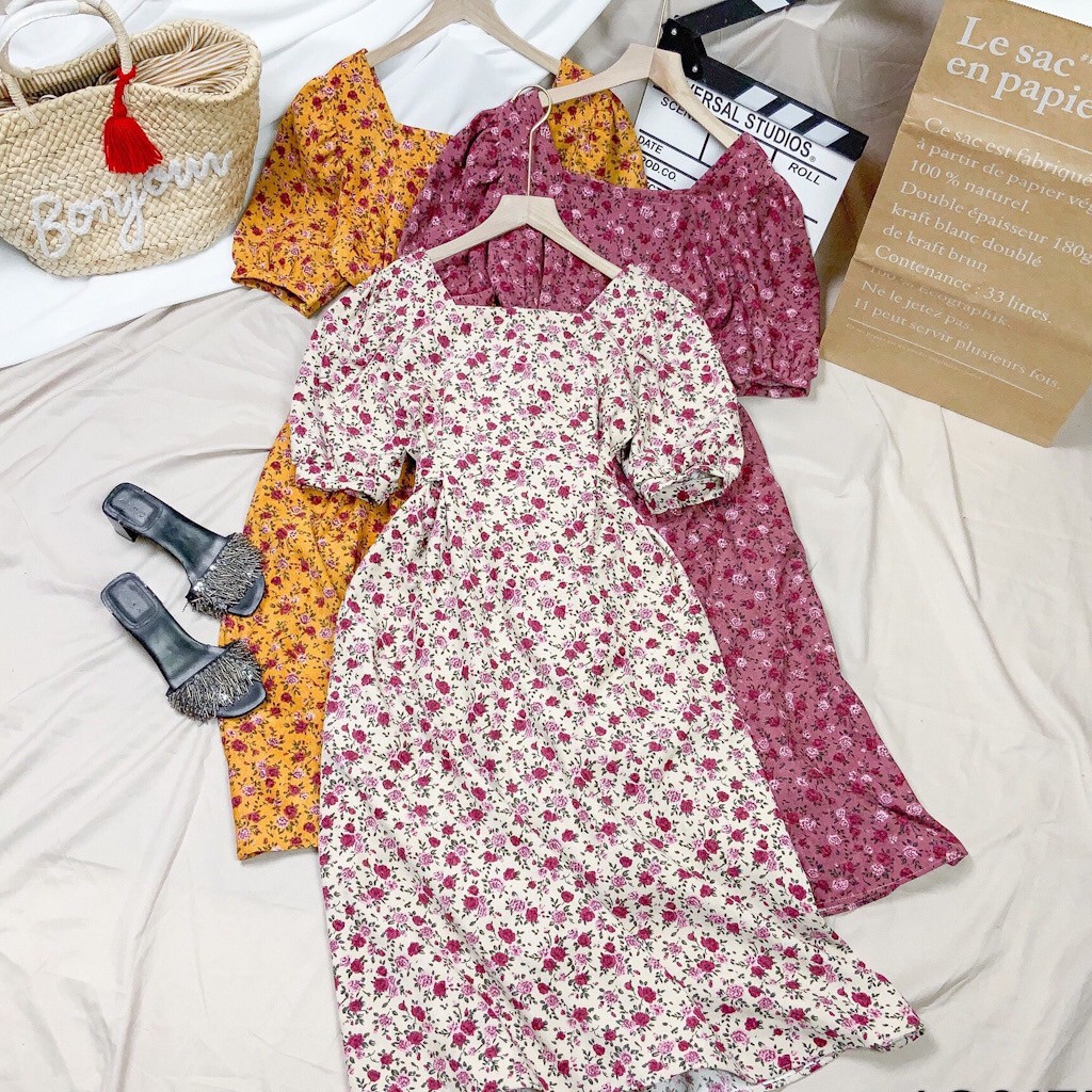 Đầm Maxi hoa, vải nhung tăm, phối xếp li, đầm Vintage đi biển, du lịch, chụp ảnh | BigBuy360 - bigbuy360.vn